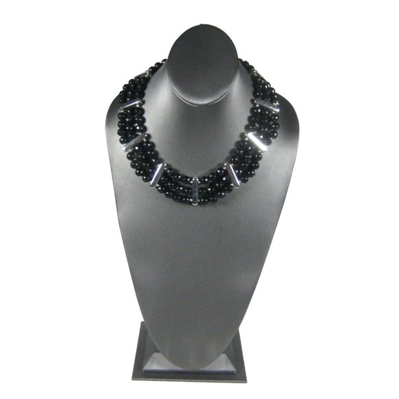 Black Plastic Beaded Collar Necklace 19 Inch Silvertone Vintage 50s Multi-Stran - Picture 5 of 8
